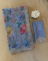 Blue Gorgette printed Saree  with handwork borders SS5065
