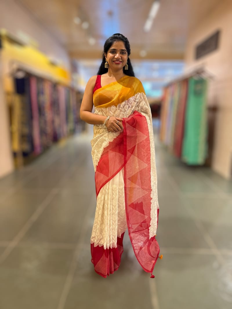 Organza Chikankari Embroidery Saree With Ganga Jamuna Bandhini Temple Borders SS50324