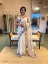 Ivory Organza Saree with Allover Floral Sequence Work & Parsi Embroidered Border SS50326