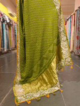 Moong Dal Green Pure Gajji Silk Kutch Bandhej Saree with Parsi Gara Embroidery SS50487
