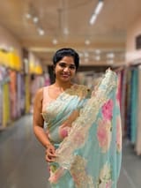 Pastel Blue Printed Gorgette Saree With chantilly Lace style embroidered border SS5060