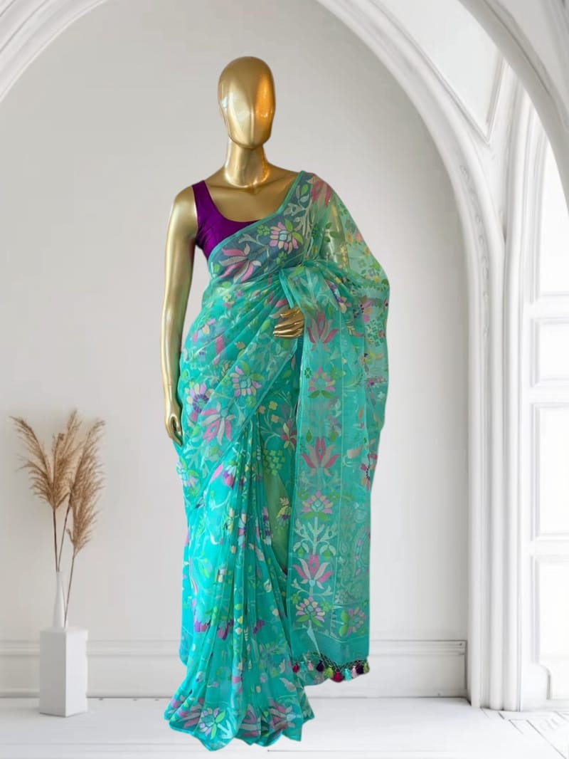 SeaGreen Real Zari Jamdani Saree