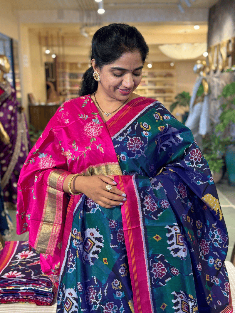 Navy Blue and Peacock Combo Pure Patan Patola Saree