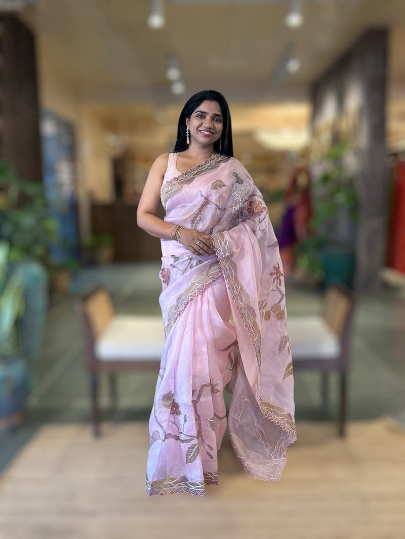 Rose Pink Pure Organza Saree with one of a kind Tissue Applique work allover SS50333