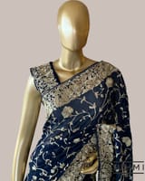 Midnight Blue Pure Gorgette Saree With Parsi Gara Style Allover Embroidery   Ori SS50564