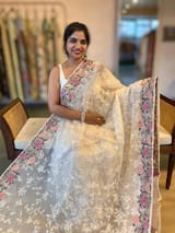 Ivory Organza Saree with Allover Floral Sequence Work & Parsi Embroidered Border SS50326