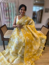 Yellow Floral Printed Pure Organza Saree With Birds  Embroidered Motif  Border SS50603
