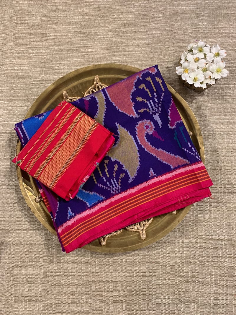 Purplish Blue and Reddish Pink Patan Patola Saree with Statement Swan Pattern SS50352