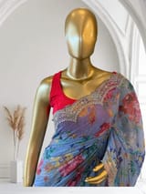 Blue Gorgette printed Saree  with handwork borders SS5065