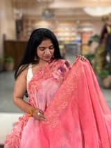 Coral Peach Gorgette  Saree With Chatilly Lace Style Cutwork embroidered Border SS5057