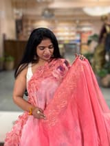 Coral Peach Gorgette  Saree With Chatilly Lace Style Cutwork embroidered Border SS5057
