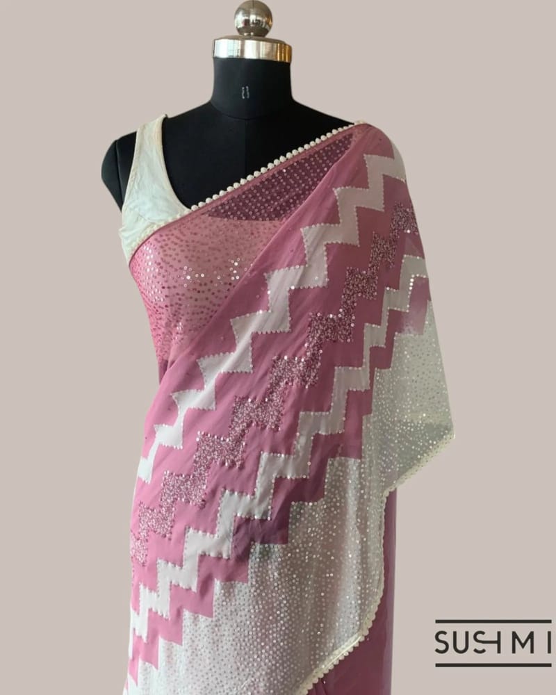 Dusty Pink Pure Gorgette Saree With Zigzag Pattern Sequnce Border SS5072