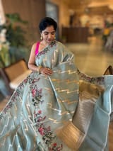 Greyish Blue Designer Premium Handloom Kora Banarasi with Printed Borders