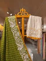 Moong Dal Green Pure Gajji Silk Kutch Bandhej Saree with Parsi Gara Embroidery SS50487