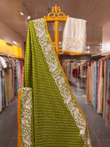 Moong Dal Green Pure Gajji Silk Kutch Bandhej Saree with Parsi Gara Embroidery SS50487