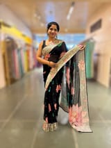 Black Printed georgette Saree With statement Lotus print & Tissue Embroidered Border SS5060