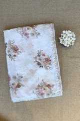 White Pure Chinnon Satin Crepe Saree With Floral Print & Handwork Borders