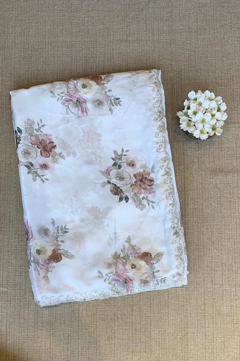 White Pure Chinnon Satin Crepe Saree With Floral Print & Handwork Borders