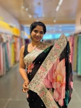 Black Printed georgette Saree With statement Lotus print & Tissue Embroidered Border SS5060