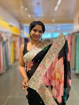 Black Printed georgette Saree With statement Lotus print & Tissue Embroidered Border SS5060
