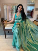 Teal Tissue Gorgette saree with sabyasachi borders and allover pitawork blouse SS50443