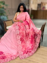 Coral Pink Gorgette  Saree With Chatilly Lace Style Cutwork embroidered Border SS5058