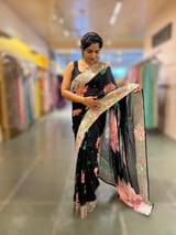 Black Printed georgette Saree With statement Lotus print & Tissue Embroidered Border SS5060