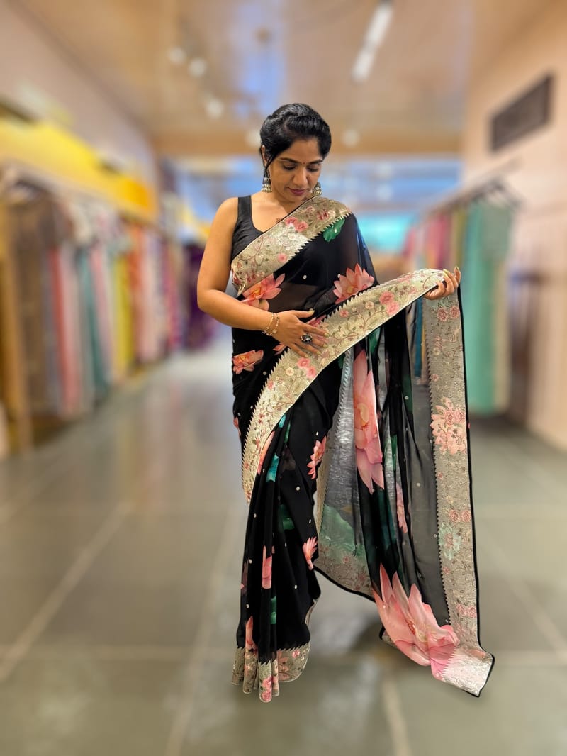 Black Printed georgette Saree With statement Lotus print & Tissue Embroidered Border SS5060