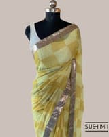 Pure Gorgette Saree in Checks Pattern , Allover Seuence & Hemlined Wth Gota lace SS5066