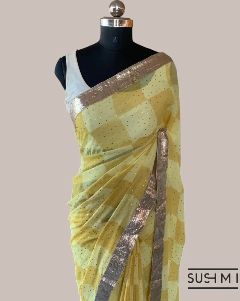 Pure Gorgette Saree in Checks Pattern , Allover Seuence & Hemlined Wth Gota lace SS5066