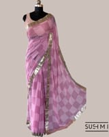 Pure Gorgette Saree in Checks Pattern , Allover Seuence & Hemlined Wth Gota lace SS5069