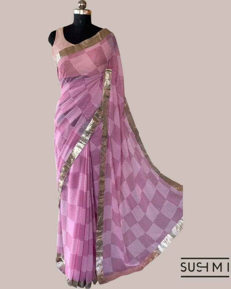 Pure Gorgette Saree in Checks Pattern , Allover Seuence & Hemlined Wth Gota lace SS5069
