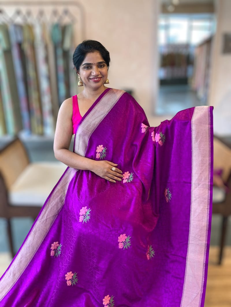 Purple Designer Banarasi Mashru Silk Saree with Petite Point Embroidered flo SS50577