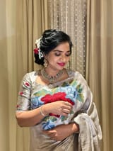 Silver Kanchi Brocade Tissue Saree with Statement Floral Embroidered Roses SS50142