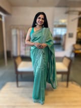 Teal Tissue Gorgette saree with sabyasachi borders and allover pitawork blouse SS50443