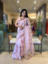 Rose Pink Pure Organza Saree with one of a kind Tissue Applique work allover SS50333