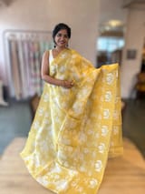 Yellow Floral Printed Pure Organza Saree With Birds  Embroidered Motif  Border SS50603