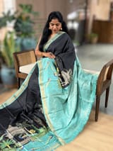 Black Checks Soft Silk with beautiful Skirt Border Peacock Print SS50505