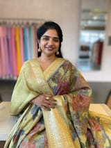Light Olive Pista Chiniya Silk Saree With Petite Point  Emb Style Print SS50104