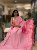 Coral Pink Gorgette  Saree With Chatilly Lace Style Cutwork embroidered Border SS5058
