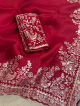 Meroonish Red  Pure organza Saree with pita emb SS50309