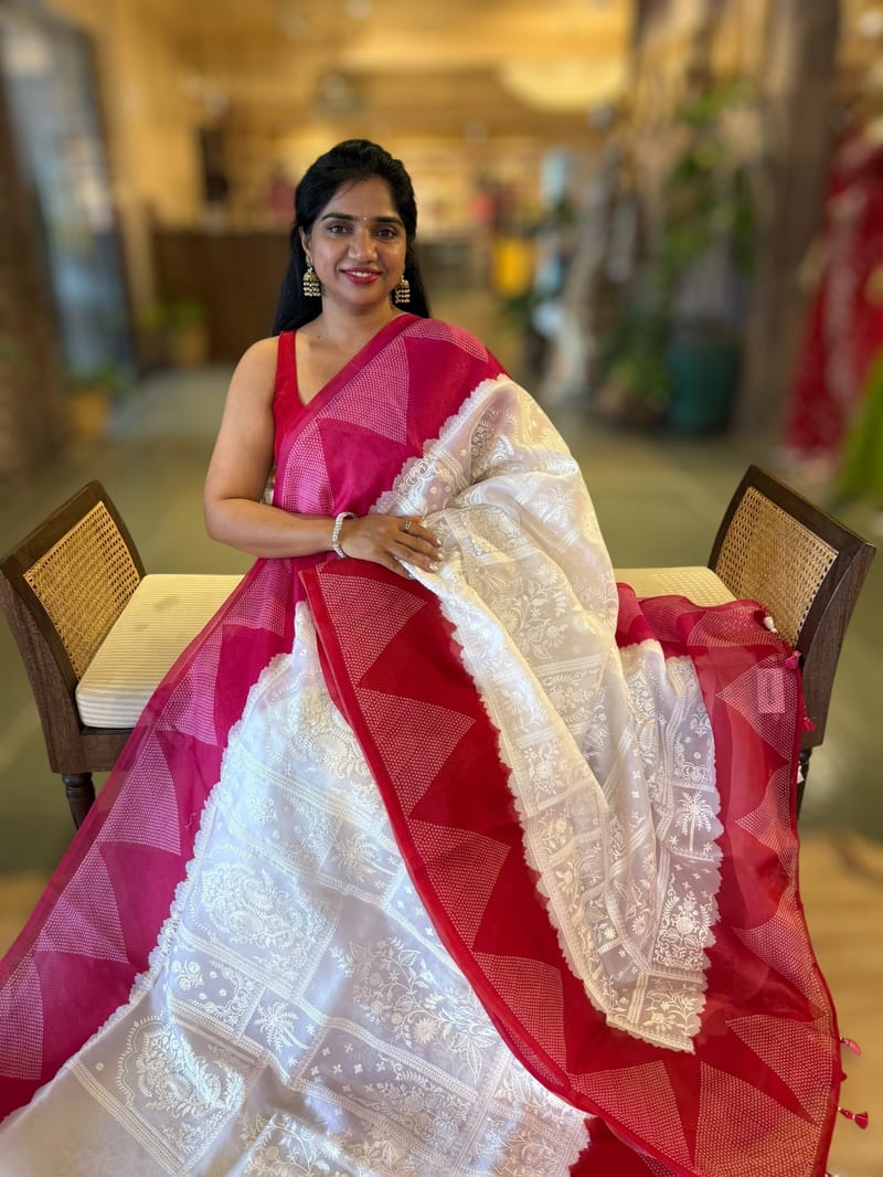 Organza Chikankari Embroidery Saree With Ganga Jamuna Bandhini Temple Borders SS50325