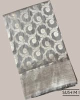 Silverish Grey Banarasi Katan Silk Saree with Allover Floral Jaal Weaving Blouse SS50565