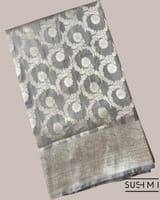 Silverish Grey Banarasi Katan Silk Saree with Allover Floral Jaal Weaving Blouse SS50565