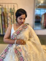Ivory Organza Saree with Allover Floral Sequence Work & Parsi Embroidered Border SS50326