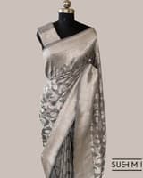 Silverish Grey Banarasi Katan Silk Saree with Allover Floral Jaal Weaving Blouse SS50565