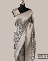 Silverish Grey Banarasi Katan Silk Saree with Allover Floral Jaal Weaving Blouse SS50565