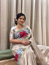Silver Kanchi Brocade Tissue Saree with Statement Floral Embroidered Roses SS50142