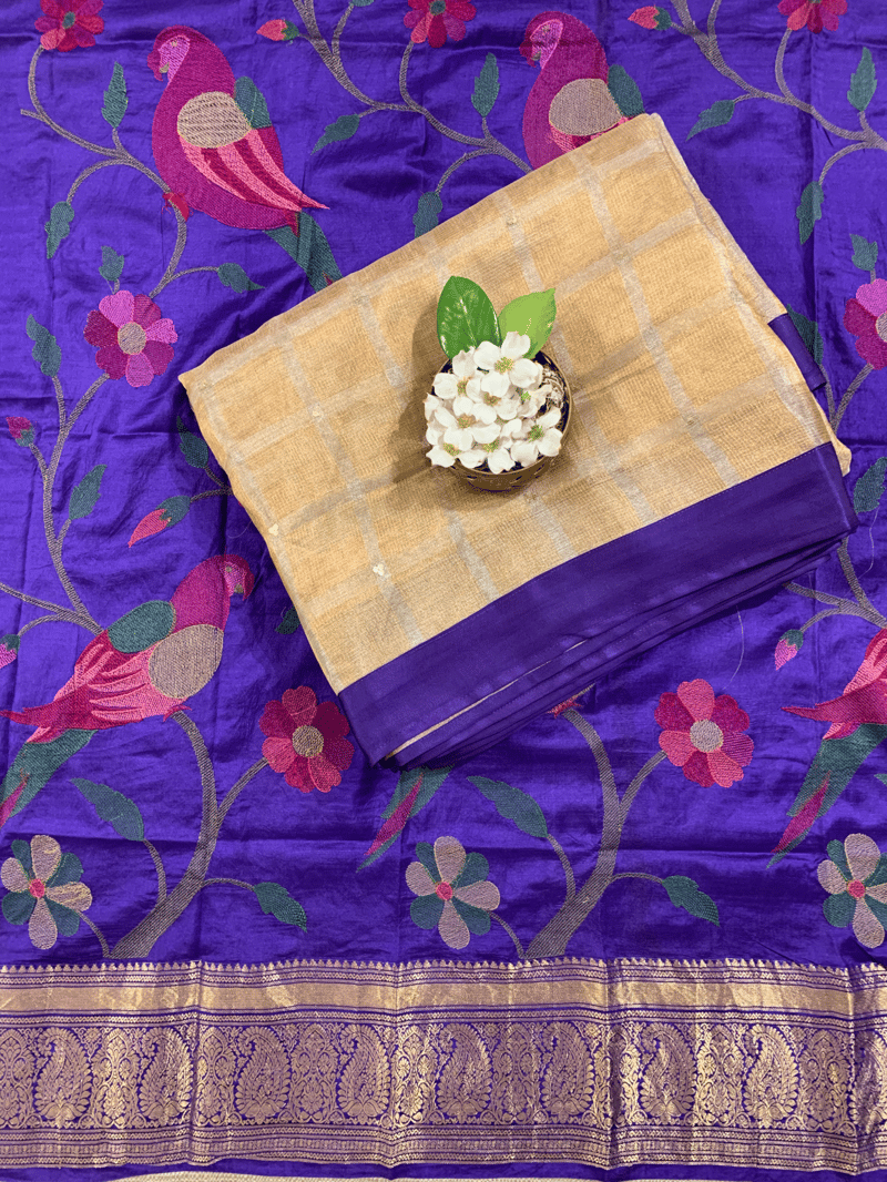 Gold tissue saree with kanchi  blouse with  allover pythani style embroidery SS50447