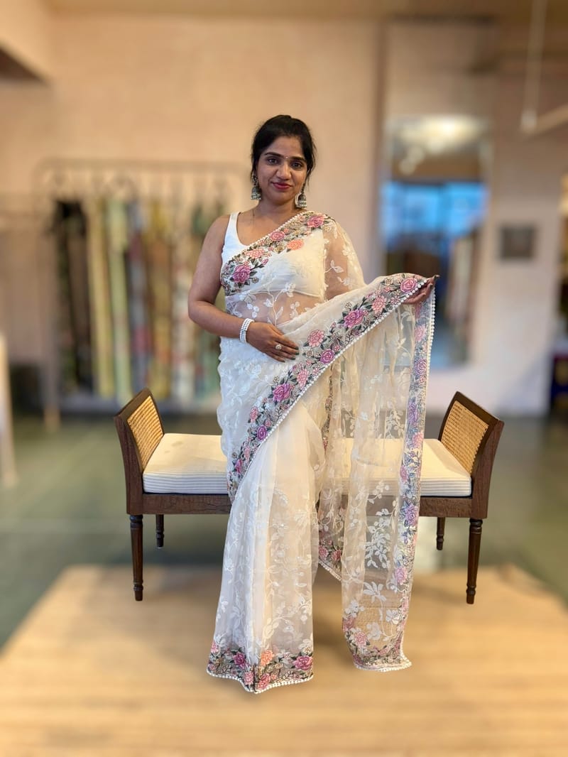Ivory Organza Saree with Allover Floral Sequence Work & Parsi Embroidered Border SS50326